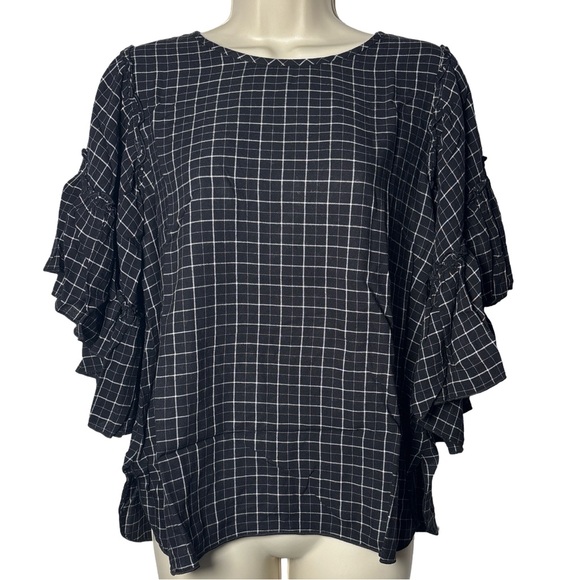 LOFT Tops - LOFT Women’s Black and White Checkered Top Tiered Bell Sleeves Size Small